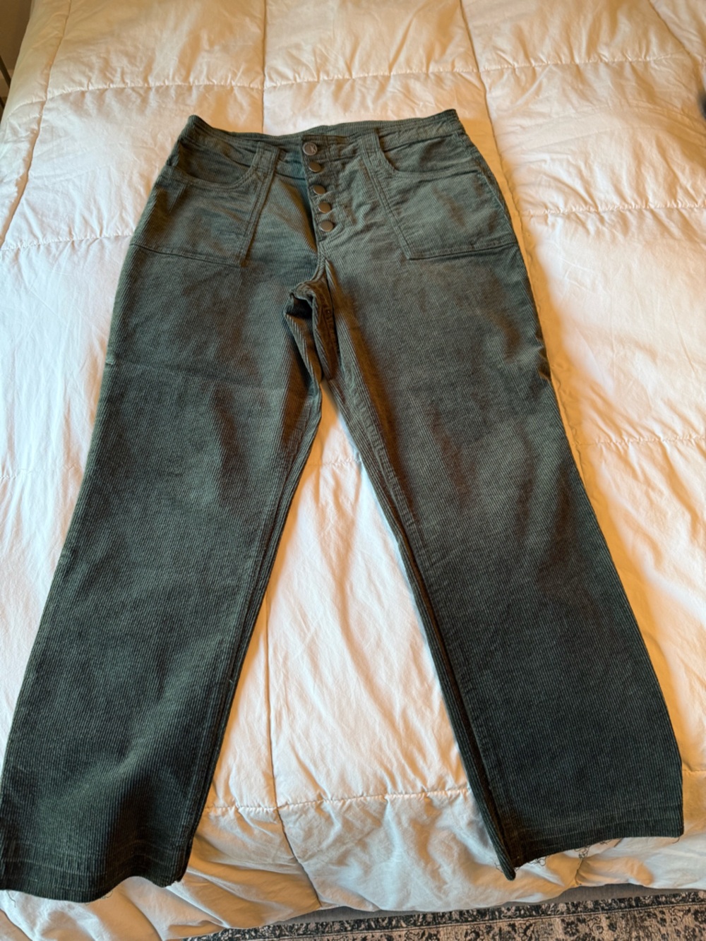 Kit from the Kloth stretch Straight Leg Corduroy Pants in Olive Green